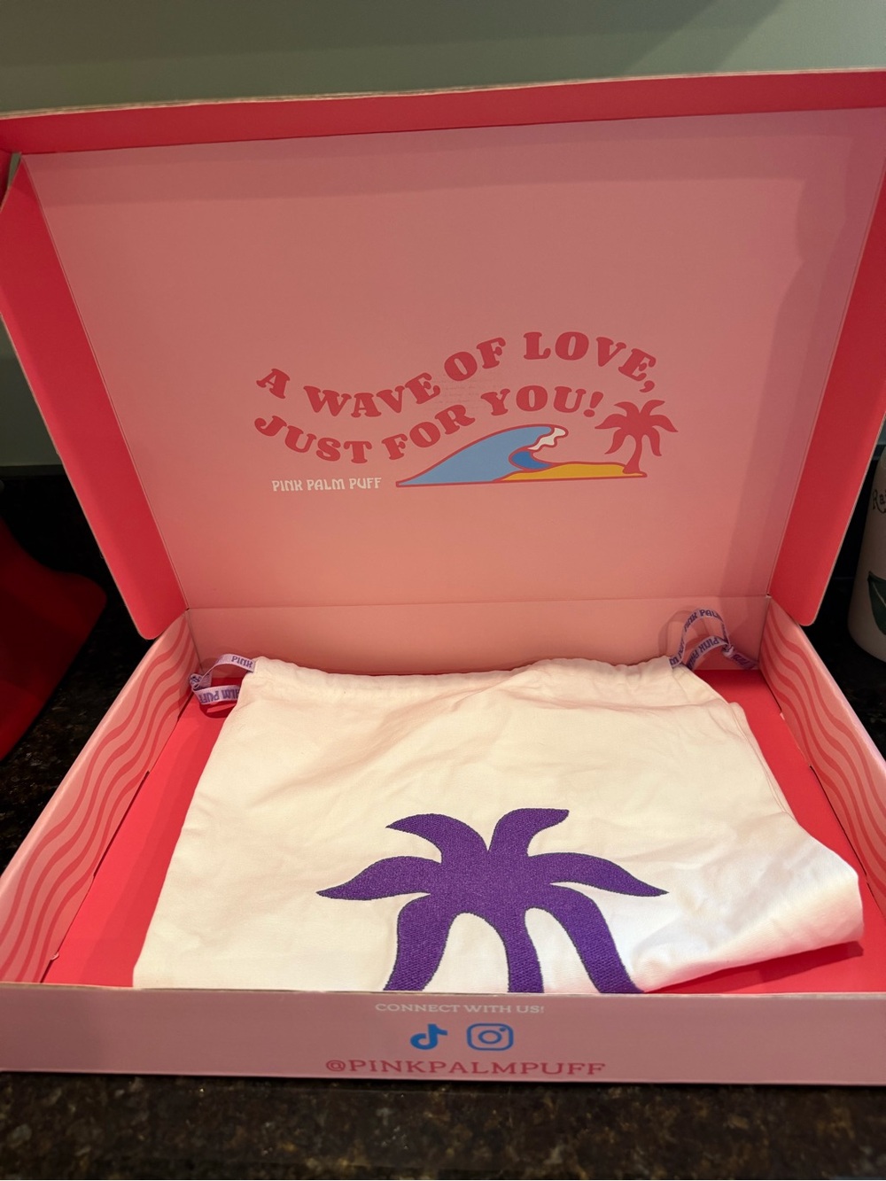 Pink Palm Puff Box with Purple Palm Graphic Dust Bag